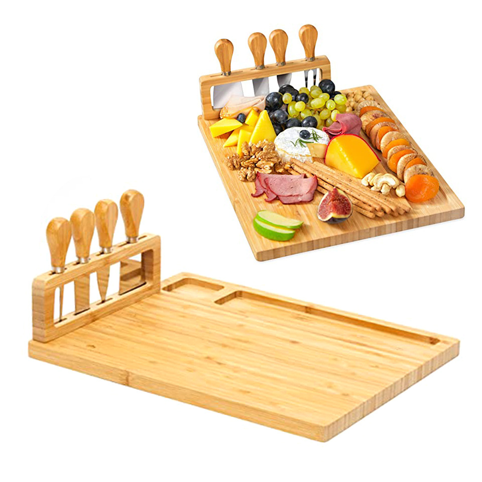 Portable Unique Bamboo Cheese Board Knife Set Boards Set Cheese Platter  Slide-Out Cutlery Drawer Serving Tray