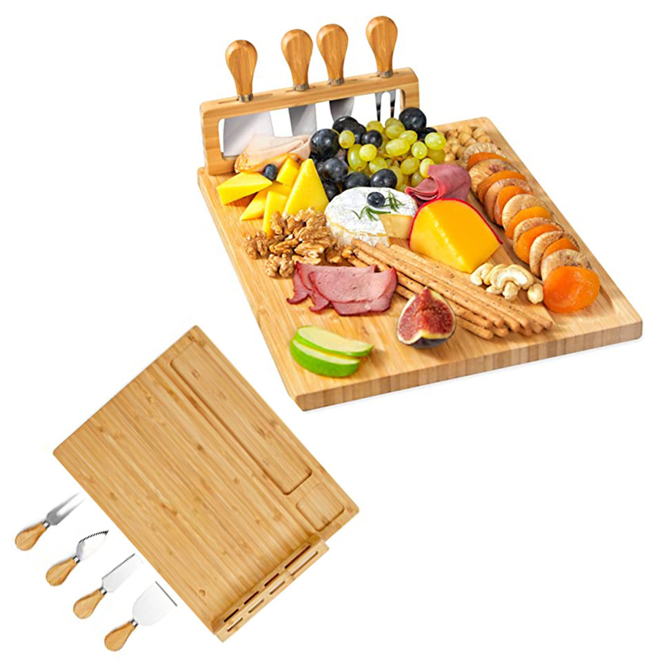 Best Sell Unique Bamboo Cheese Board Knife Set Boards Set Cheese Platter Slide-Out Cutlery Drawer Serving Tray