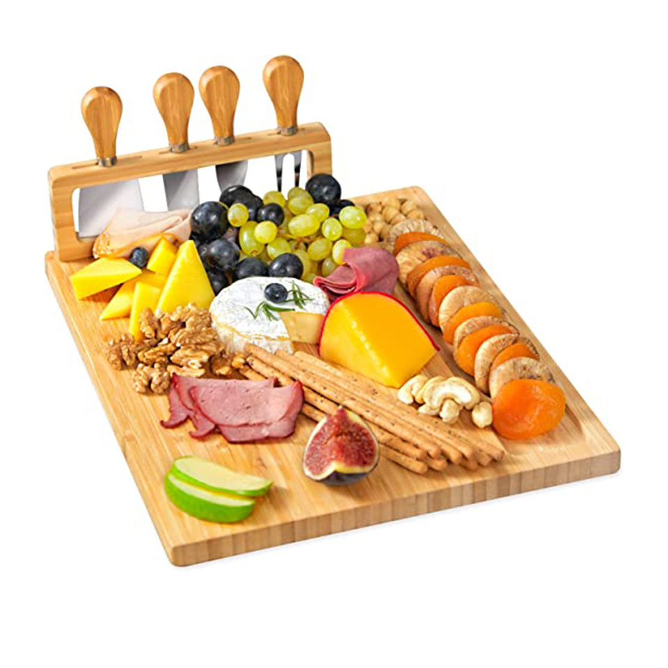 Portable Unique Bamboo Cheese Board Knife Set Boards Set Cheese Platter  Slide-Out Cutlery Drawer Serving Tray