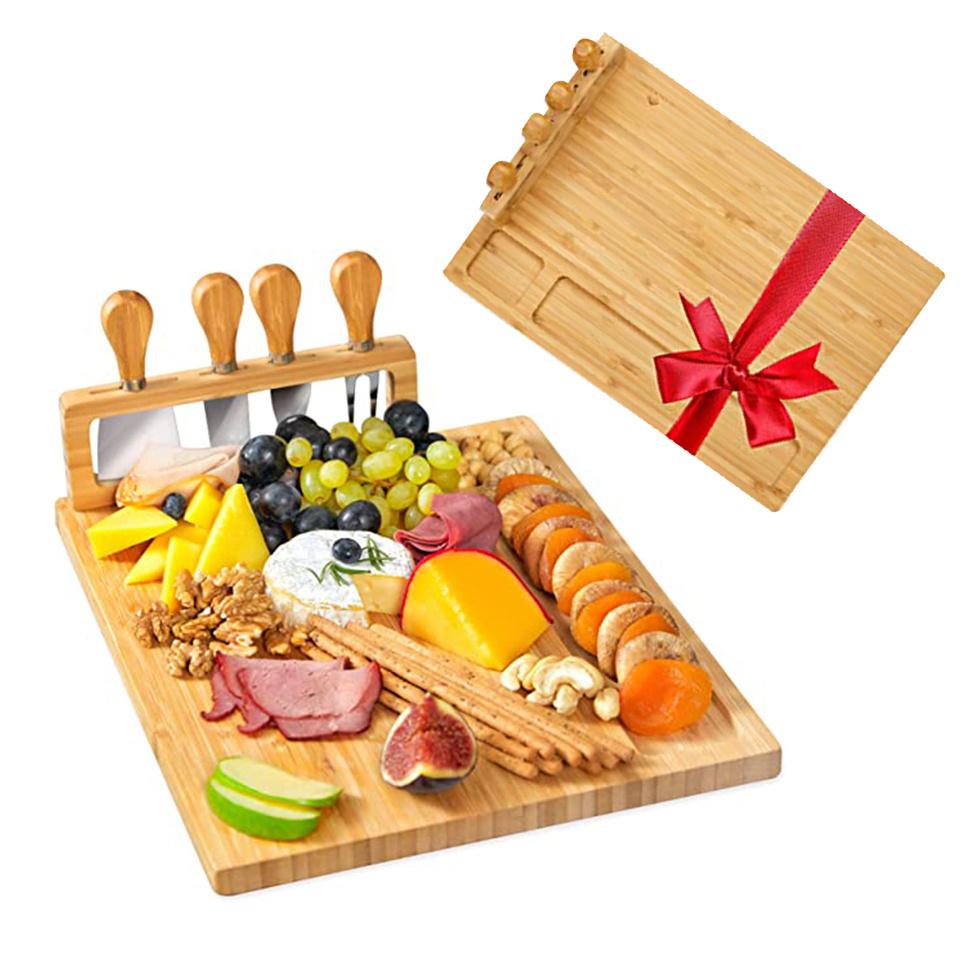 Best Sell Unique Bamboo Cheese Board Knife Set Boards Set Cheese Platter Slide-Out Cutlery Drawer Serving Tray