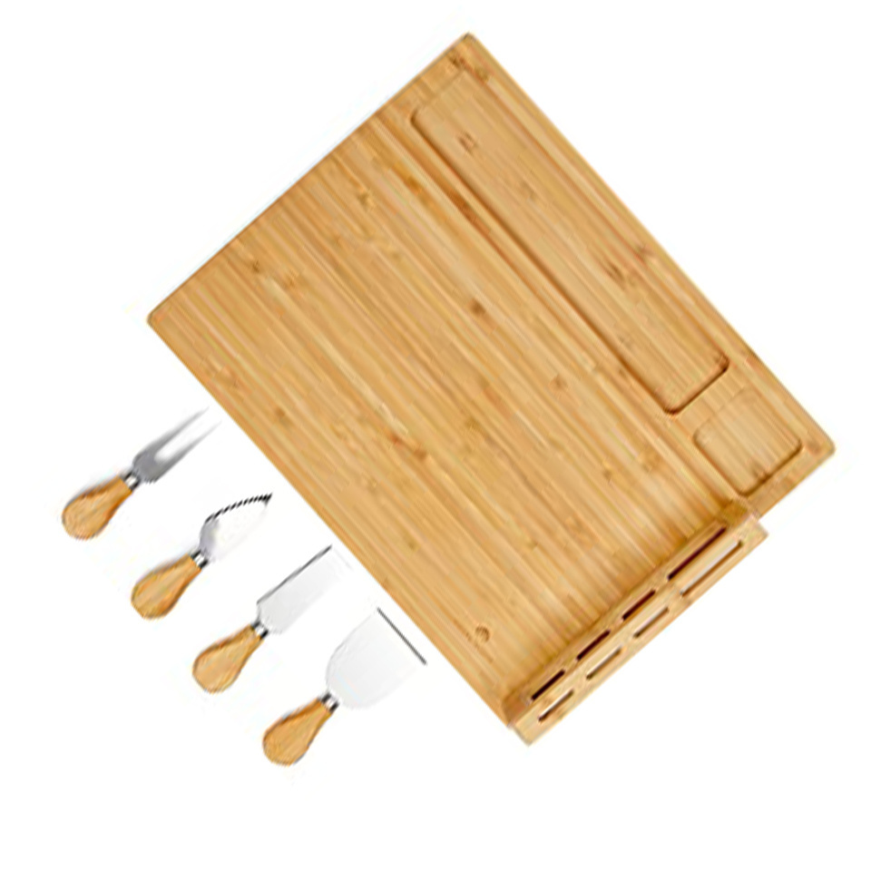 Portable Unique Bamboo Cheese Board Knife Set Boards Set Cheese Platter  Slide-Out Cutlery Drawer Serving Tray