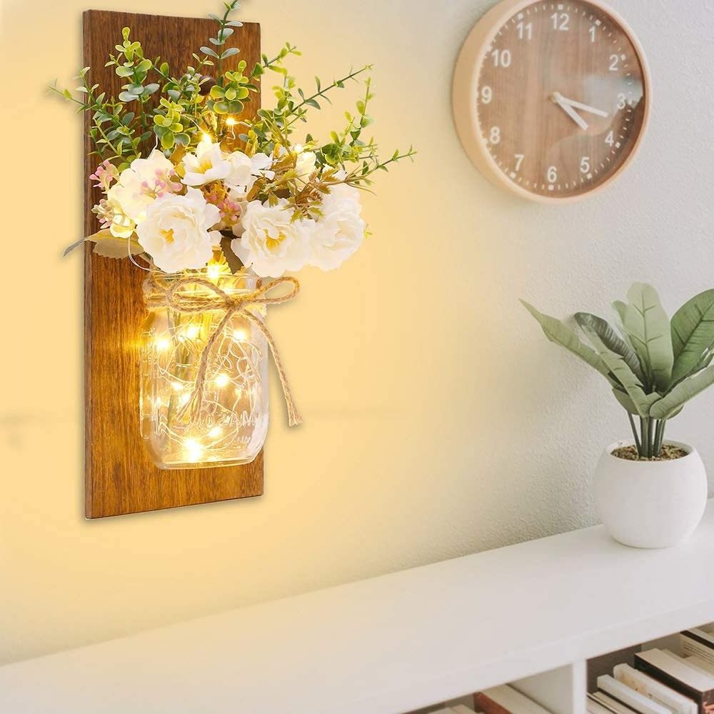 Rustic Handmade Art Hanging Design Remote Control LED White Peony Farmhouse Kitchen Decorations Wall Room Sconce Mason Jar Light