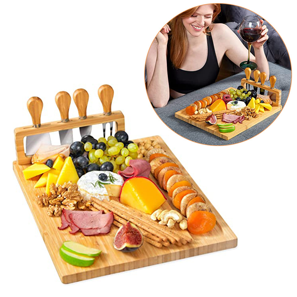 Best Sell Unique Bamboo Cheese Board Knife Set Boards Set Cheese Platter Slide-Out Cutlery Drawer Serving Tray