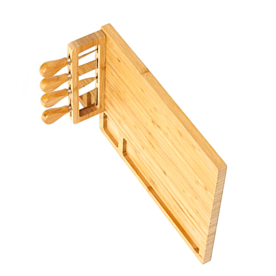 Portable Unique Bamboo Cheese Board Knife Set Boards Set Cheese Platter  Slide-Out Cutlery Drawer Serving Tray