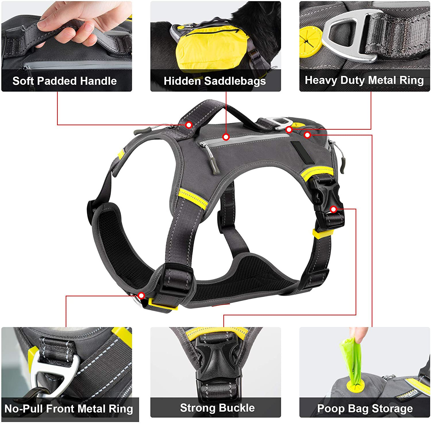 Wholesale Multifunctional Heavy No Pull Extra Dog Harness Adjustable Reflective Dog Harness Backpack with Poop Bag For Large Dog