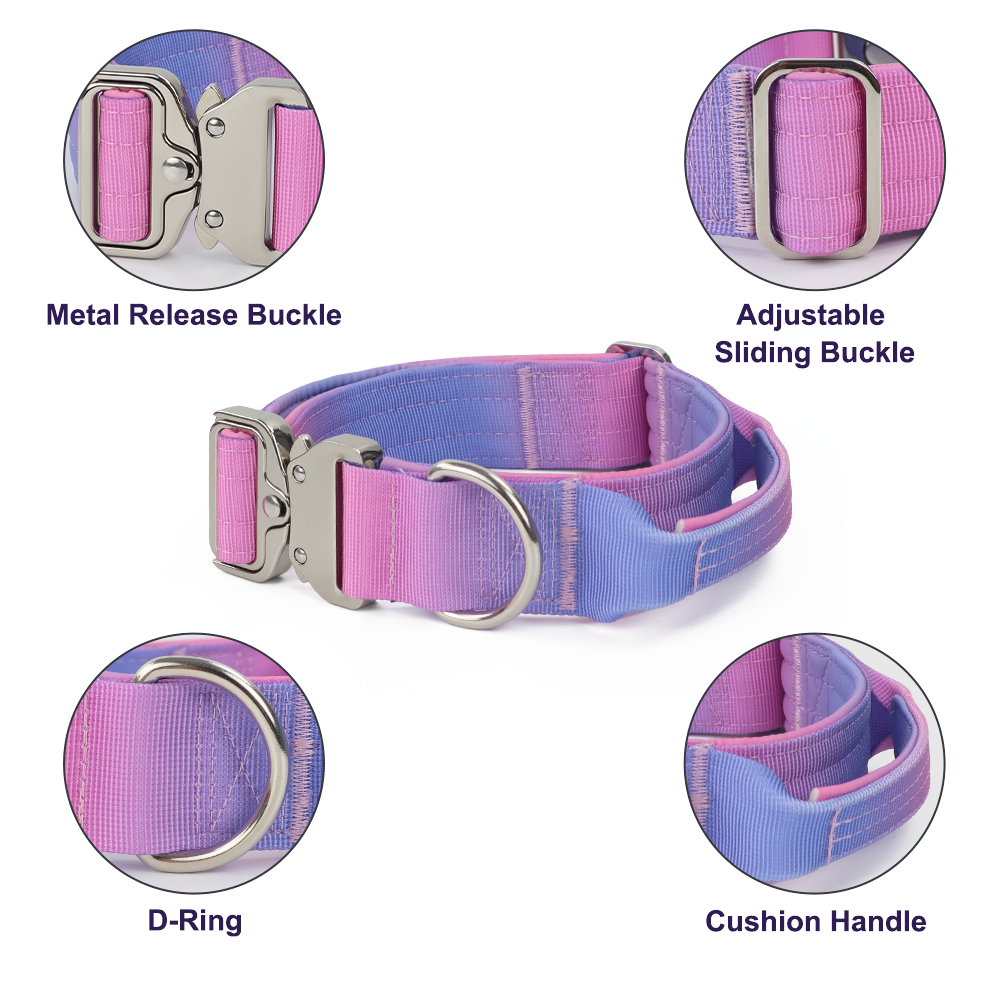 New Design Gradient Color Nylon Large Combat Tactical Dog Collar With Gold Metal Pet Collar For Walking