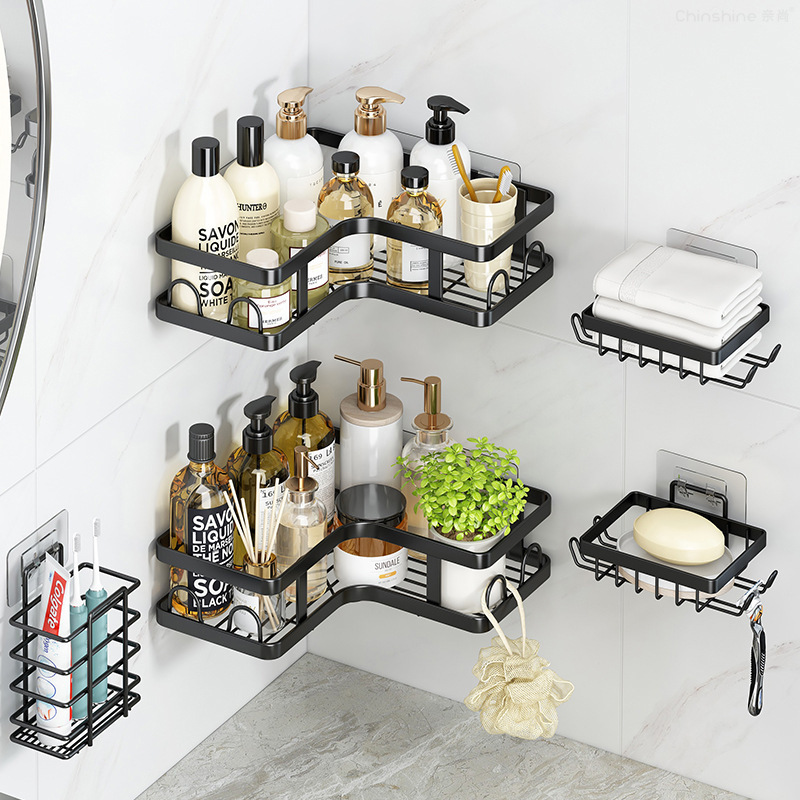 Bathroom Triangular Storage Rack Metal Art Non Punching Shelf Set for Sundries Toilet Toiletries Corner Storage Rack