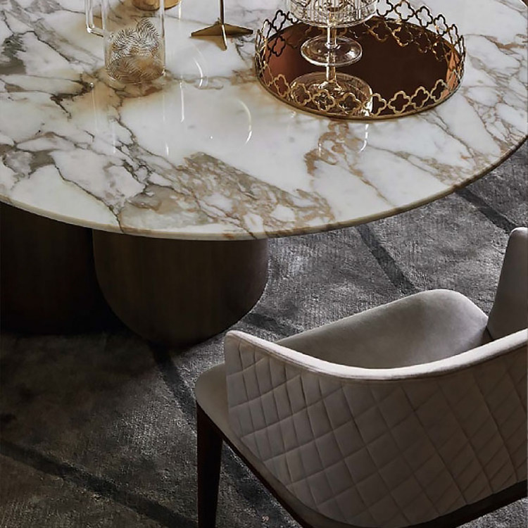 Round white marble top dining banquet hall table with gold base for the dining room luxury table