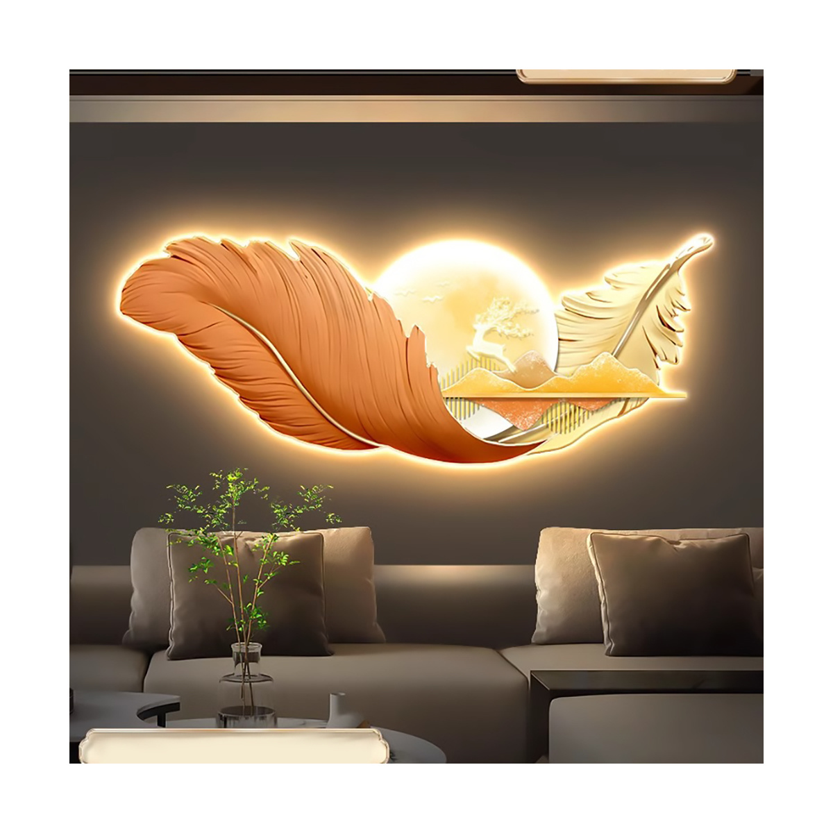 Luxury Feather Living Room Decoration Painting Light Luxury Deer Sofa Background Wall Carved Wall Art with LED Wall Art