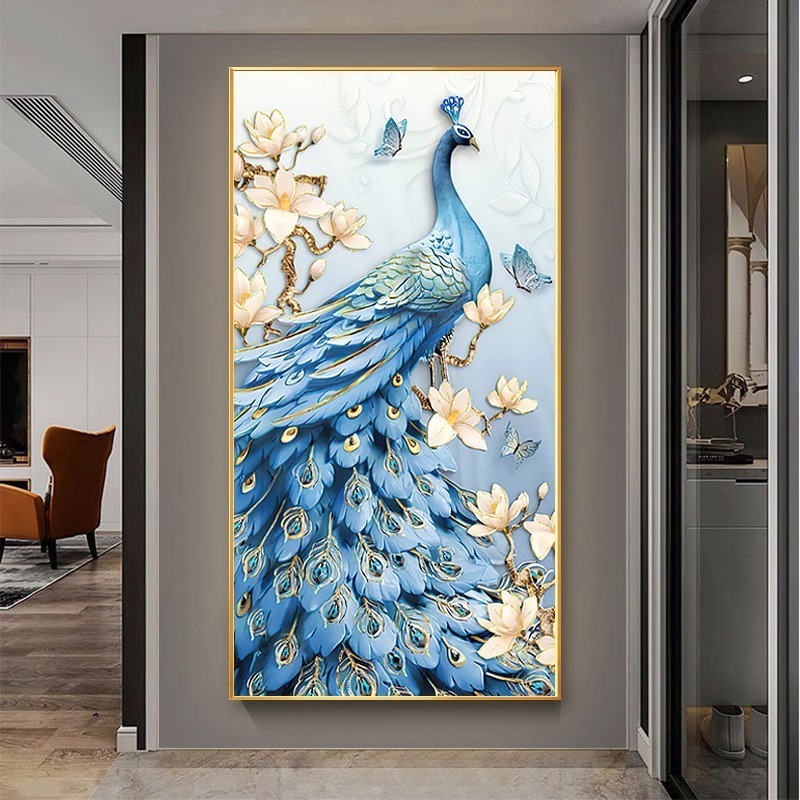 Blue Peacock  Crystal Porcelain Wall Art Painting 3d Abstract Animal Wall Art Aluminum alloy Frame Painting For Living Room