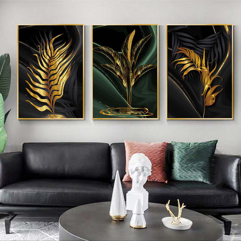 Nordic Style black green golden palm leaves wall art fine art canvas prints modern pictures for living room  home office decor