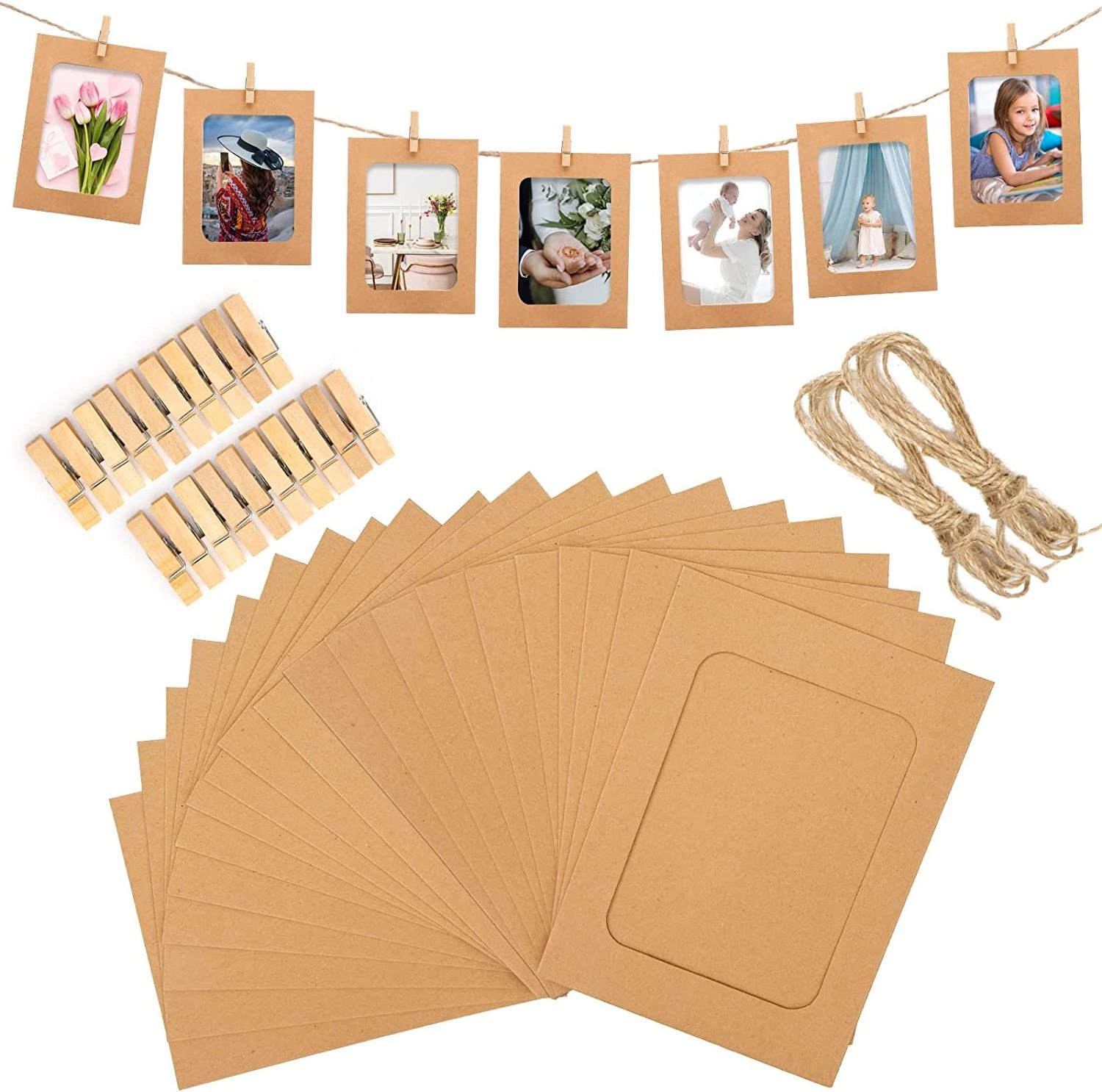 Picture Frames Cardboard Photo Frames with Wooden Clips and String Gadgets Home Accessories Goods Decor Kraft Paper UV Printing