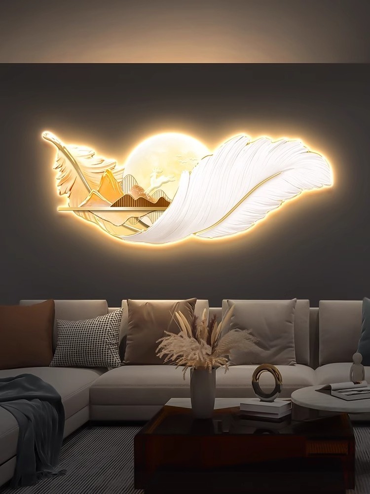 Luxury Feather Living Room Decoration Painting Light Luxury Deer Sofa Background Wall Carved Wall Art with LED Wall Art