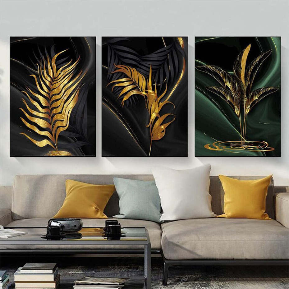 Nordic Style black green golden palm leaves wall art fine art canvas prints modern pictures for living room  home office decor