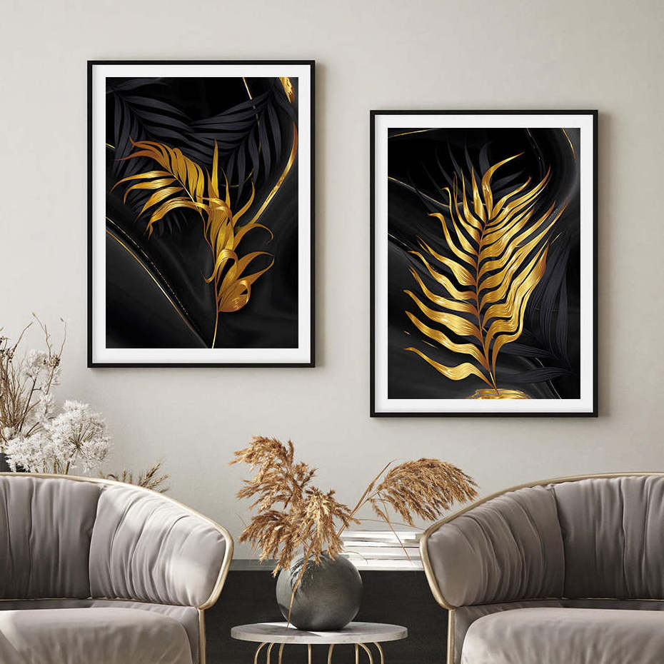 Nordic Style black green golden palm leaves wall art fine art canvas prints modern pictures for living room  home office decor