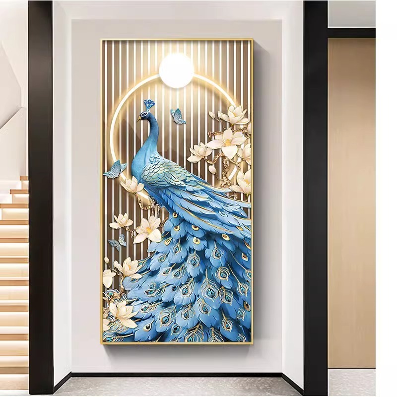 Blue Peacock  Crystal Porcelain Wall Art Painting 3d Abstract Animal Wall Art Aluminum alloy Frame Painting For Living Room