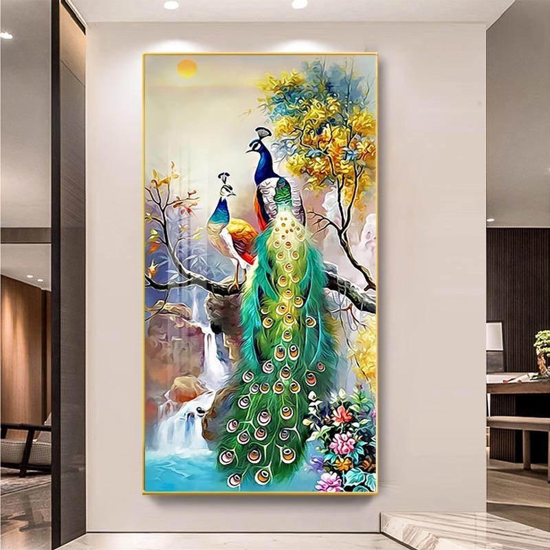 Blue Peacock  Crystal Porcelain Wall Art Painting 3d Abstract Animal Wall Art Aluminum alloy Frame Painting For Living Room