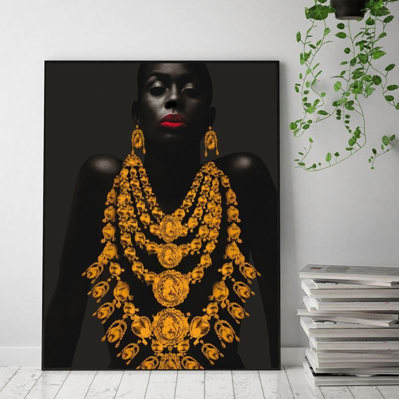 Modern Figure Art Canvas Painting African Black Woman Posters and Prints Gold Jewelry Girl Wall Pictures for Living Room Decor