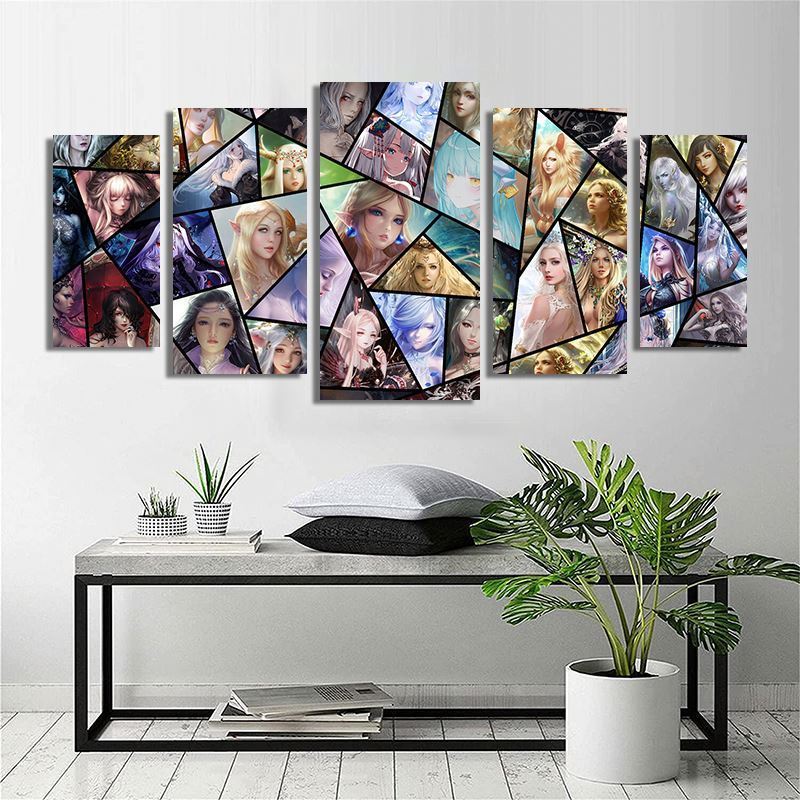 Girl Anime Poster Wall Art Canvas Prints Custom Anime Poster Wall Painting Game Animation Characters Sexy Collage 5 Panel Art