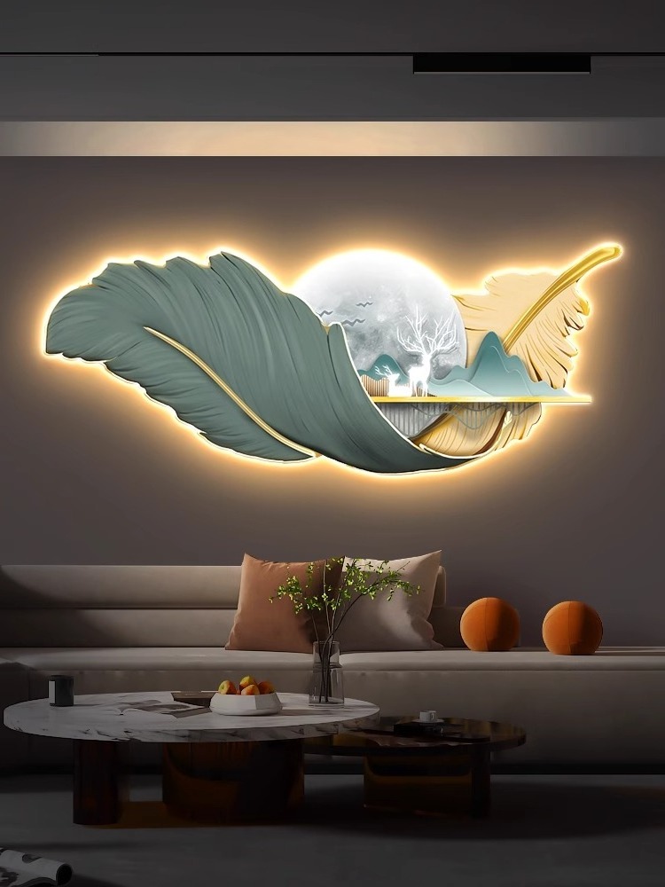 Luxury Feather Living Room Decoration Painting Light Luxury Deer Sofa Background Wall Carved Wall Art with LED Wall Art