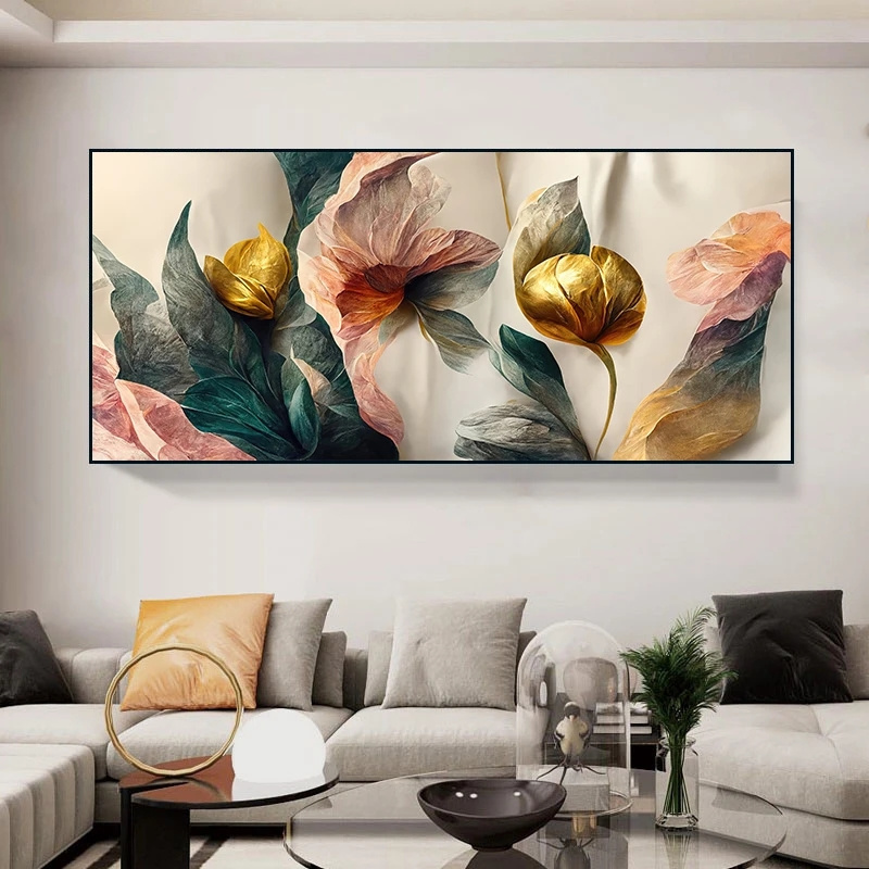 Vintage Flowers Canvas Painting Gold Green Pink Wall Art Canvas Art Posters Prints Modern Mural Pictures for Living Room Decor