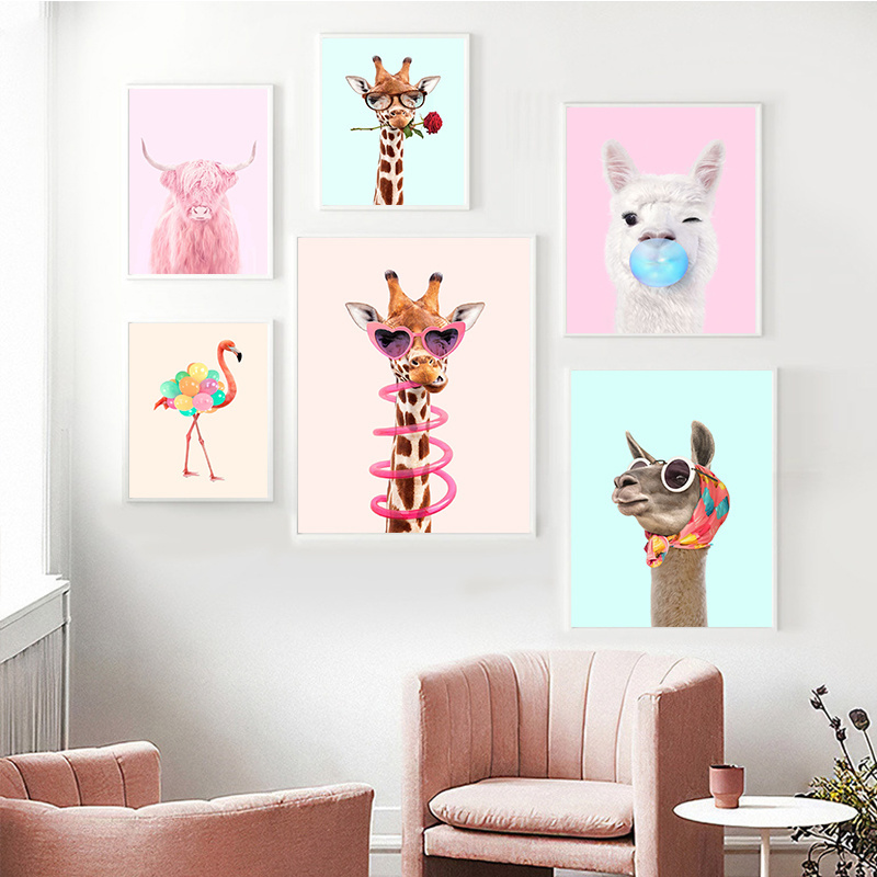 Funny Safari Animals Flamingo Giraffe Lion Bubble Poster Canvas Painting Nursery Wall Art Print Child Room Kids Bedroom Decor