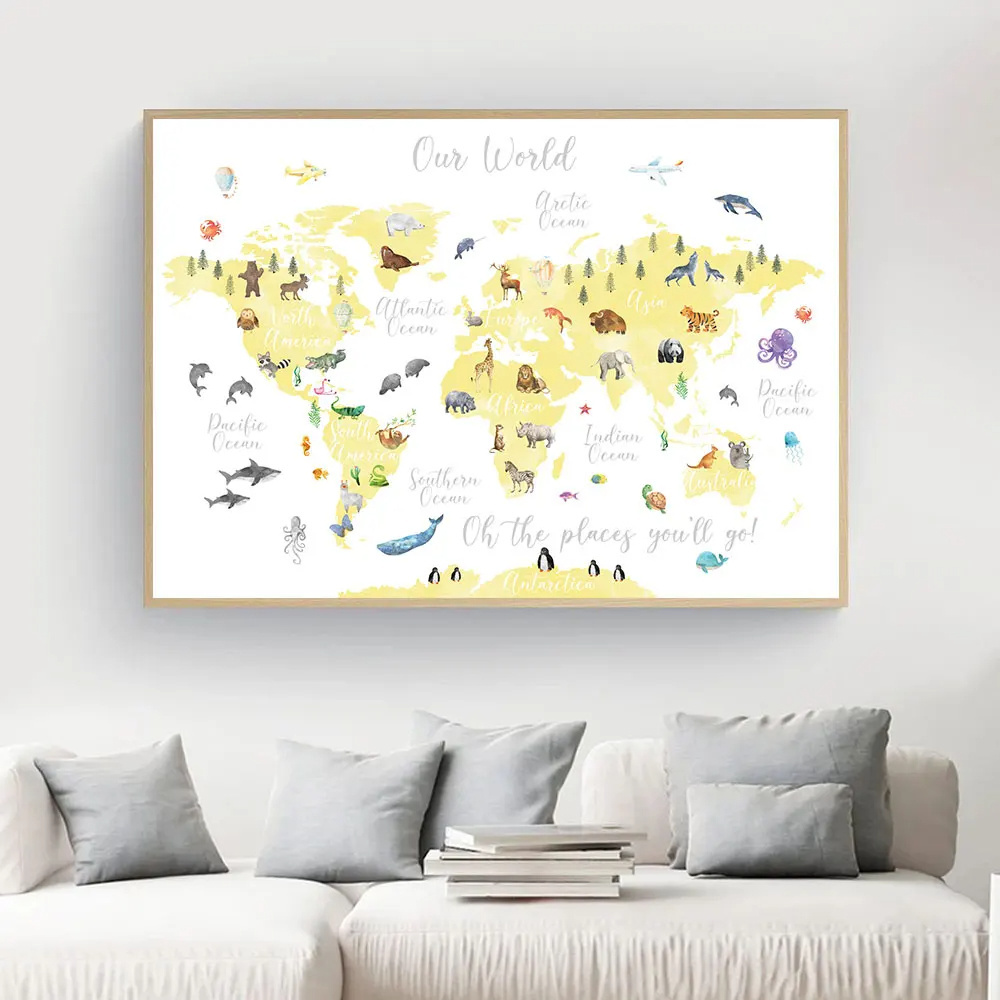 Educational Animal World Map Picture Children Poster Nursery Wall Art Canvas Print Painting Baby Kid Bedroom Playroom Home Decor