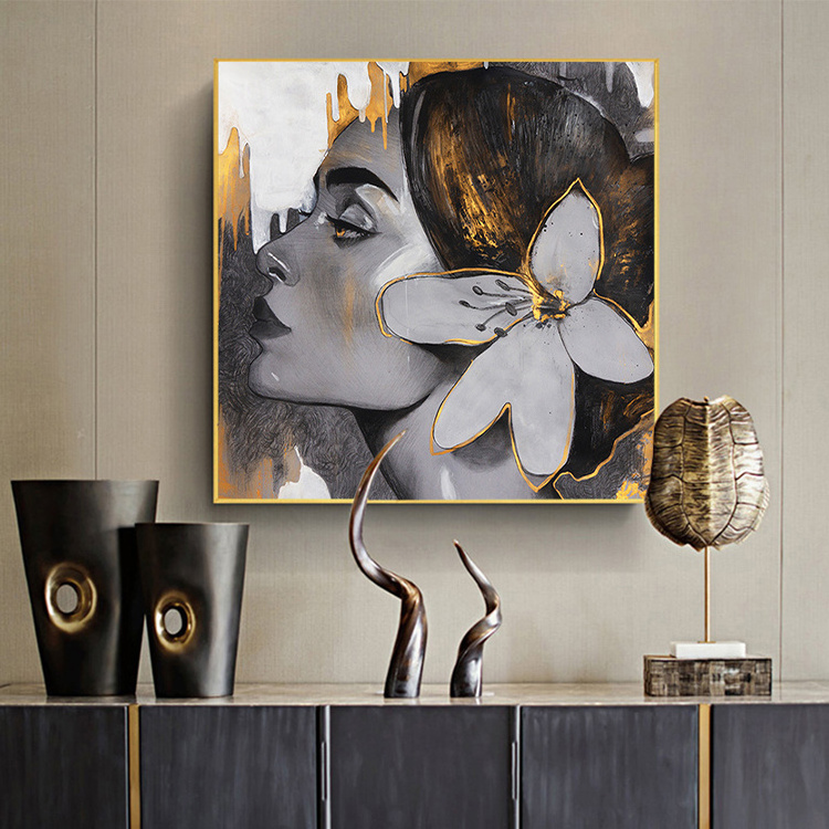 Women Portrait Wall Art Picture For Living Room Decor Abstract Golden Girl Face Figure Canvas Painting