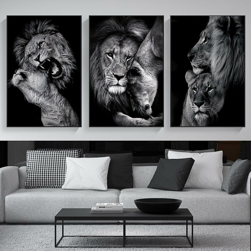 Modern Lion Family Canvas Wall Art Black and White Animal Poster Pints for Bedroom Decor Aesthetic Wall Art Home Decor