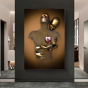 3D Effect Metal Love Couples Hug Heart Canvas Painting Abstract Posters Prints Wall Art Home Room Decor Wall Hanging Mural