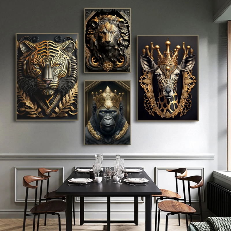 Metal Sculpture Gorilla King Canvas Painting Print Golden Lion Tiger Deer Bull Poster Art Animal Statue Picture Wall Decoration