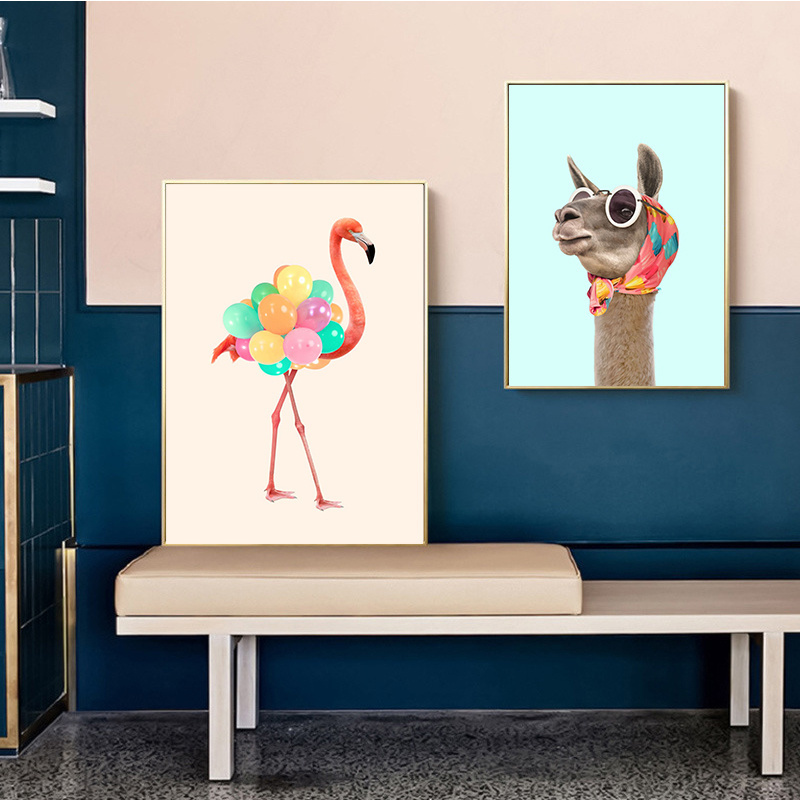 Funny Safari Animals Flamingo Giraffe Lion Bubble Poster Canvas Painting Nursery Wall Art Print Child Room Kids Bedroom Decor