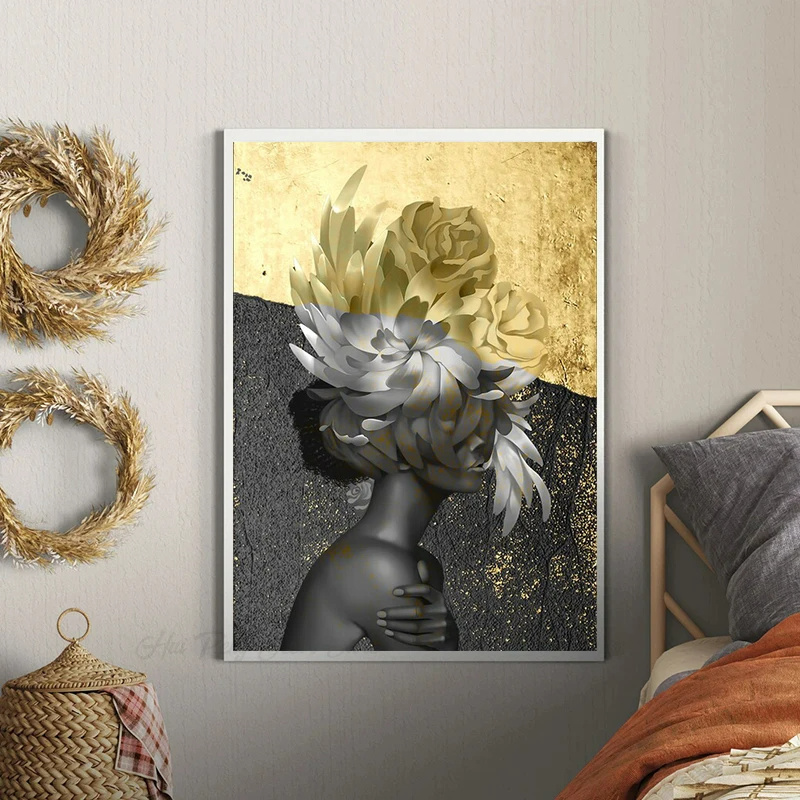 Rose Head Woman Canvas Painting Modern Art Gold and White Abstract Woman Floral Posters Print Wall Pictures for Home Room Decor