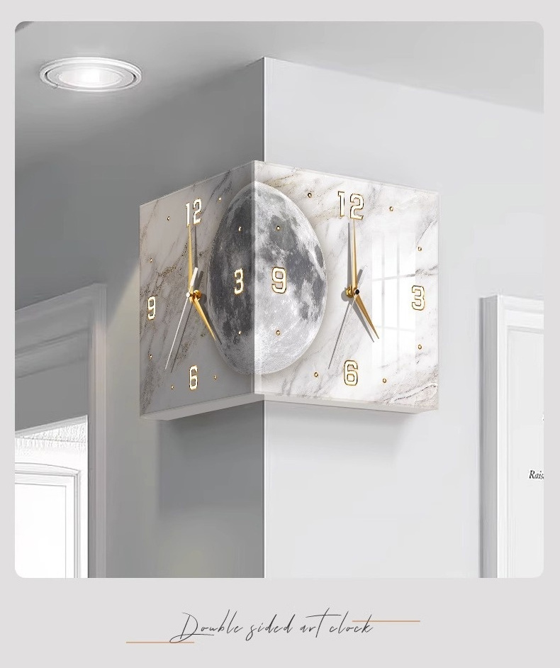 Modern luminous Corner Wall Clock Square Livingroom Decoration Simple Double Sided Clock