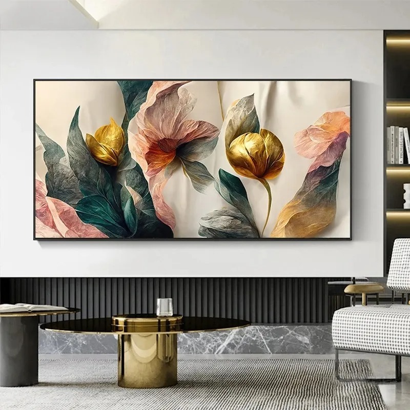 Vintage Flowers Canvas Painting Gold Green Pink Wall Art Canvas Art Posters Prints Modern Mural Pictures for Living Room Decor