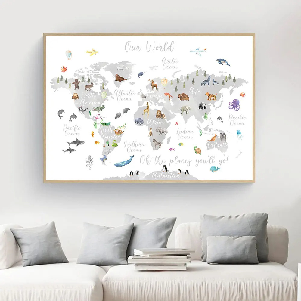 Educational Animal World Map Picture Children Poster Nursery Wall Art Canvas Print Painting Baby Kid Bedroom Playroom Home Decor