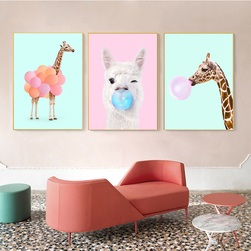 Funny Safari Animals Flamingo Giraffe Lion Bubble Poster Canvas Painting Nursery Wall Art Print Child Room Kids Bedroom Decor