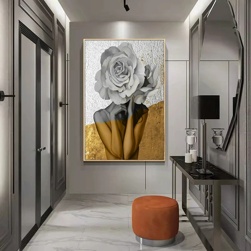 Rose Head Woman Canvas Painting Modern Art Gold and White Abstract Woman Floral Posters Print Wall Pictures for Home Room Decor