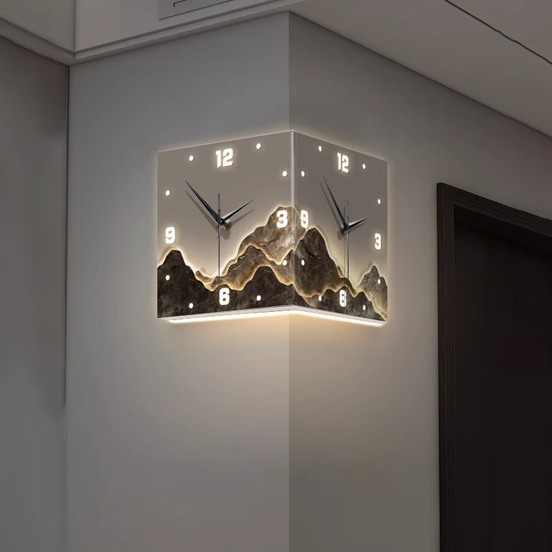 3D led light corner clock square living room simple double-sided clock iron digital hollowed-out double-sided hanging clock