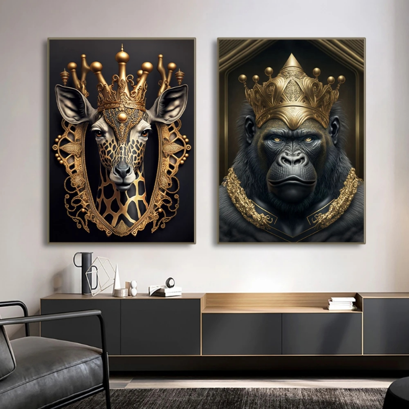 Metal Sculpture Gorilla King Canvas Painting Print Golden Lion Tiger Deer Bull Poster Art Animal Statue Picture Wall Decoration