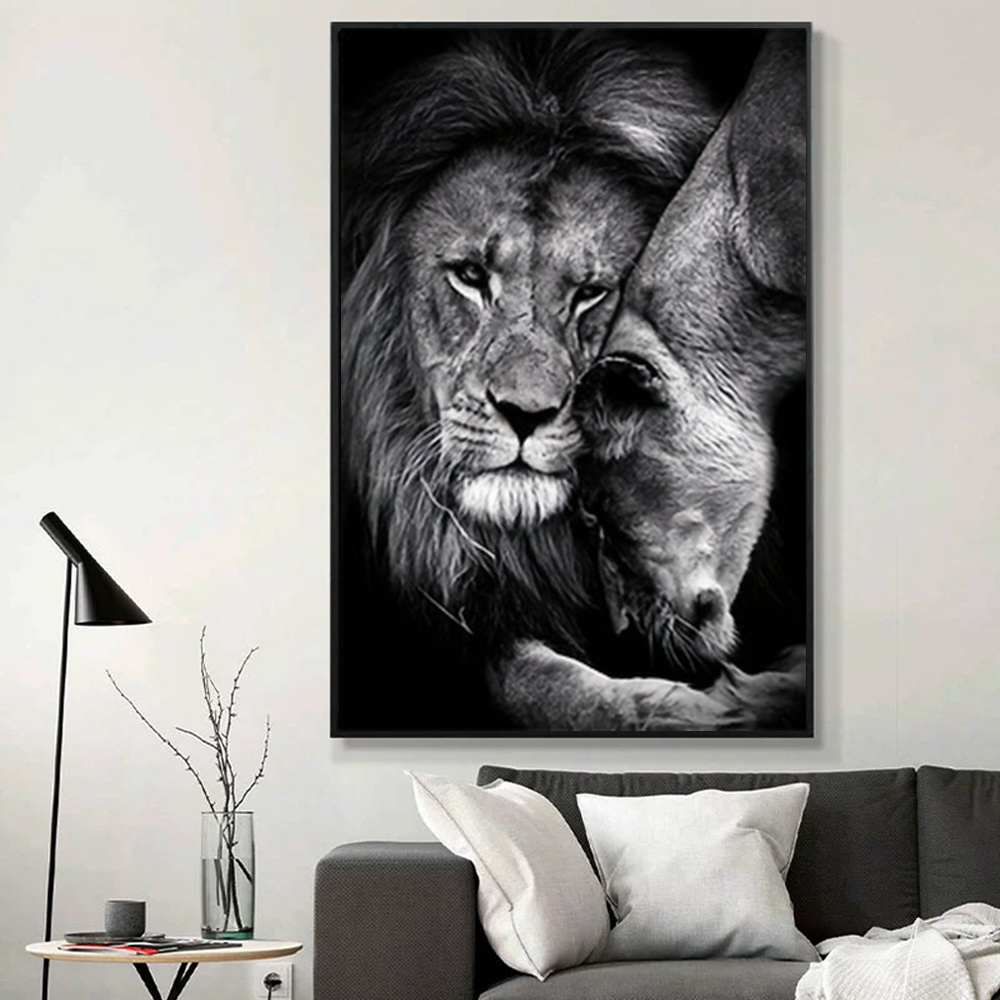 Modern Lion Family Canvas Wall Art Black and White Animal Poster Pints for Bedroom Decor Aesthetic Wall Art Home Decor