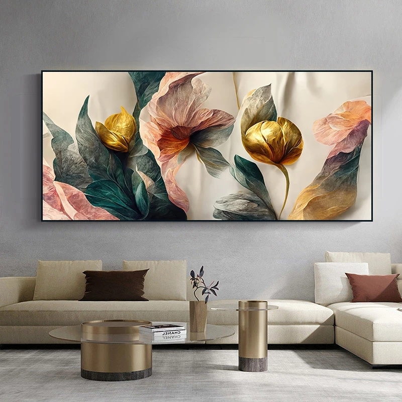 Vintage Flowers Canvas Painting Gold Green Pink Wall Art Canvas Art Posters Prints Modern Mural Pictures for Living Room Decor