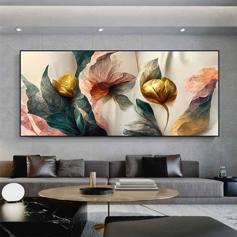 Vintage Flowers Canvas Painting Gold Green Pink Wall Art Canvas Art Posters Prints Modern Mural Pictures for Living Room Decor