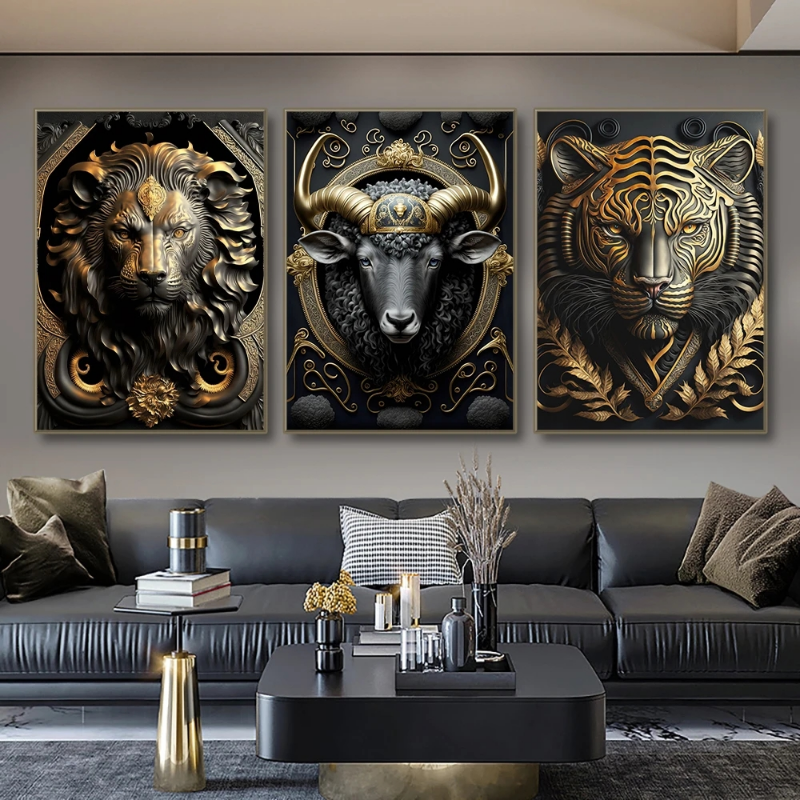 Metal Sculpture Gorilla King Canvas Painting Print Golden Lion Tiger Deer Bull Poster Art Animal Statue Picture Wall Decoration