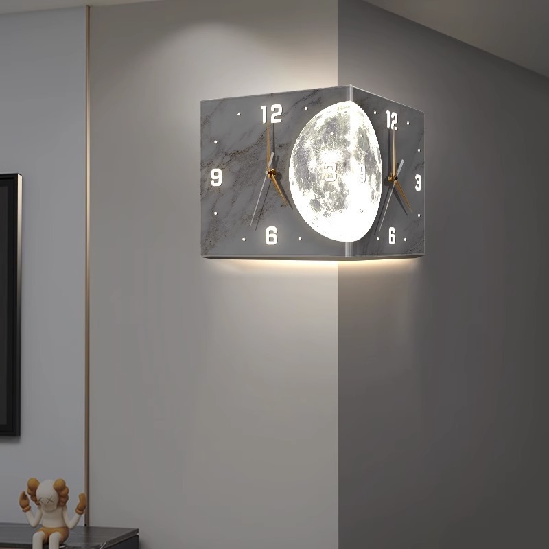 Modern luminous Corner Wall Clock Square Livingroom Decoration Simple Double Sided Clock