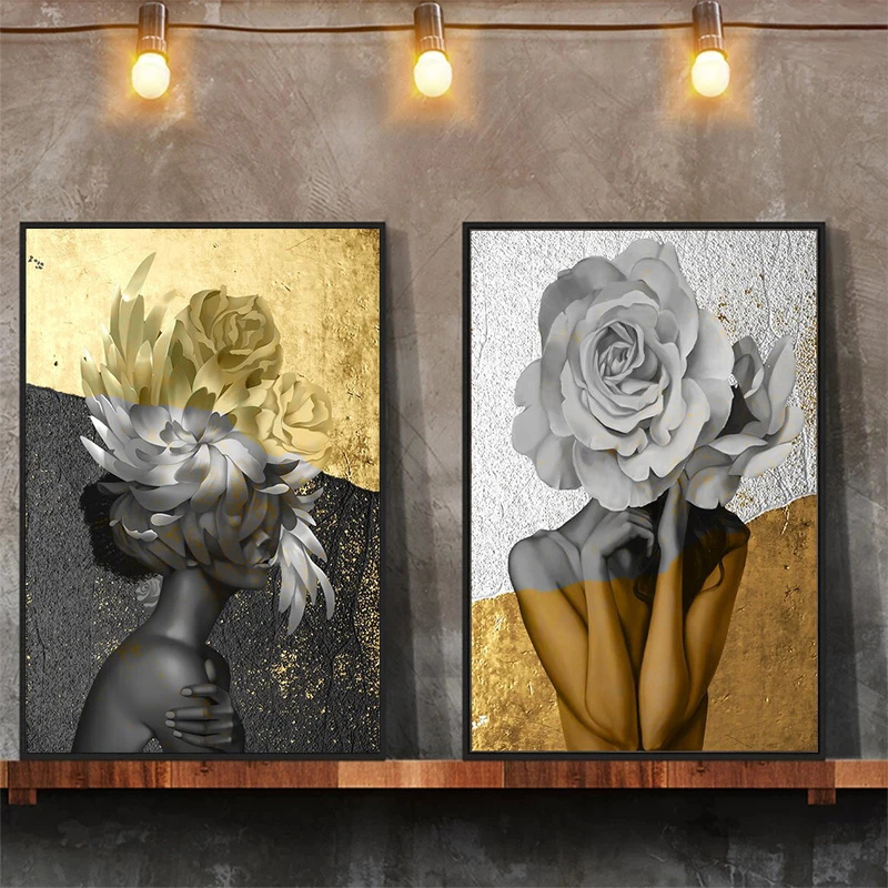 Rose Head Woman Canvas Painting Modern Art Gold and White Abstract Woman Floral Posters Print Wall Pictures for Home Room Decor