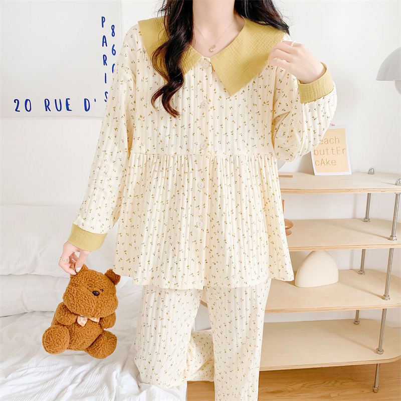 100% pure cotton postpartum clothes, long sleeved thin maternity pajamas, nursing home clothes