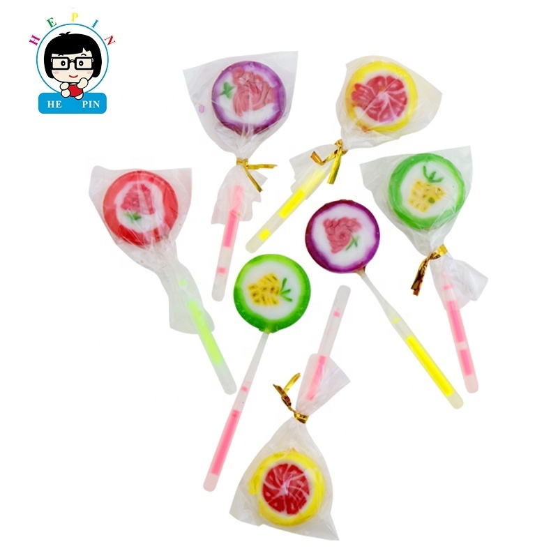 Hepin Manufacturer New Lollipop Mixed Color Fruit Flavour Glow Stick Lollipop Sweet