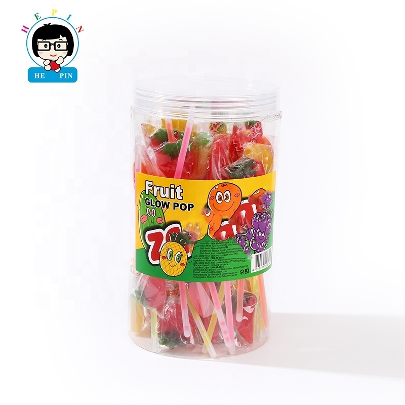 Wholesale Fruit Shape Hard Candy With Light Glow Stick Fruit Flavor Lollipop For Kids