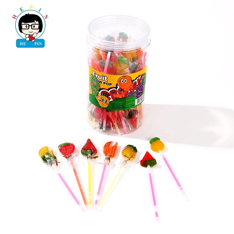 Wholesale Fruit Shape Hard Candy With Light Glow Stick Fruit Flavor Lollipop For Kids